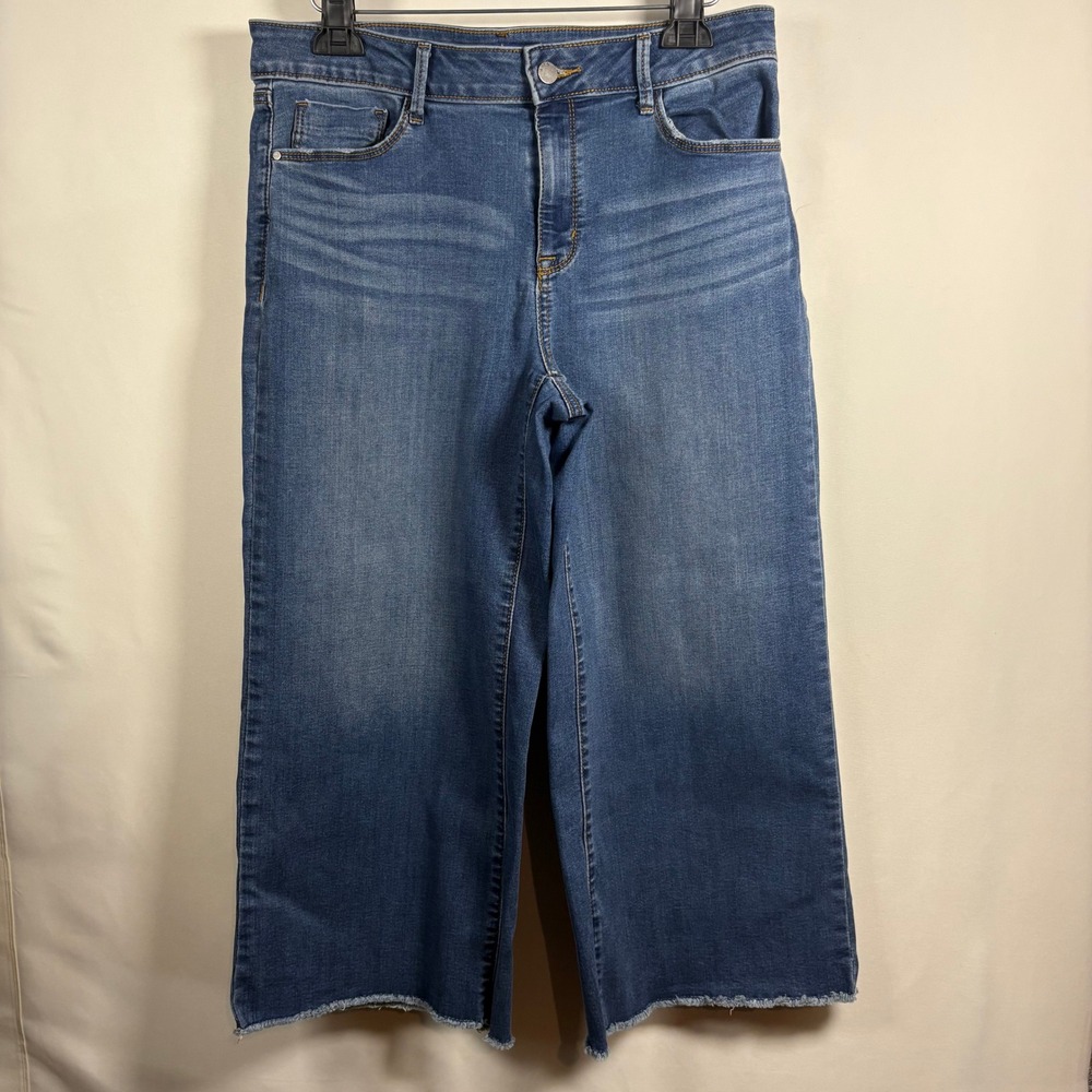 Apt. 9 Womens Wide Leg Crop Jeans Size 12 Medium Wash Raw Hem Stretch Denim